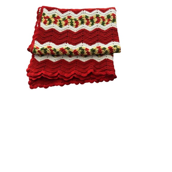 Handmade Crochet Chevron Pattern Blanket Throw Red/Green/White 47"x80" Grandma - Picture 6 of 9